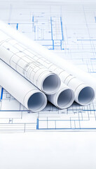 Rolled architectural blueprints on a table