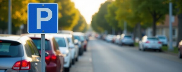 Blue parking sign on a pole, cars parked neatly in a row , blue sign, parking lot, transportation system