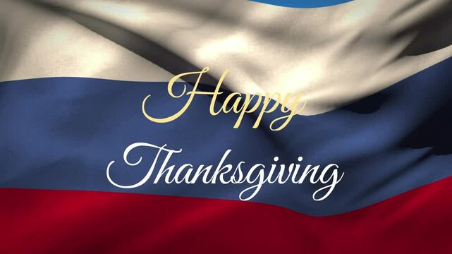 Waving flag with red, white, and blue stripes showing Happy Thanksgiving animation