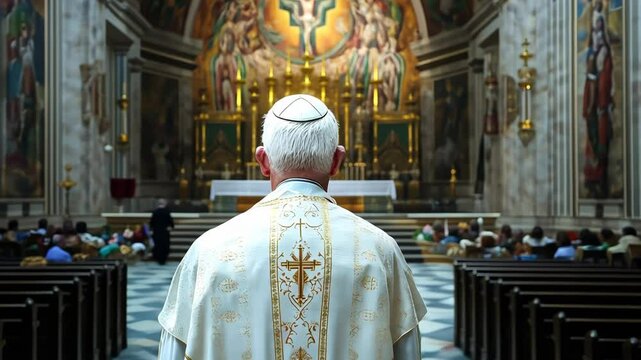 Mass ceremony and religious leader during worship, sermon and prayer for parishioners in a church building