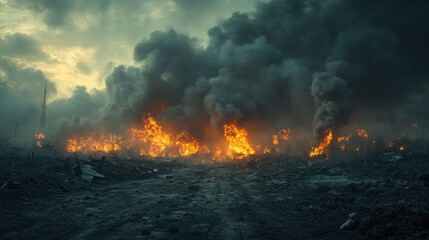 Obraz premium Battlefield, smokes and disaster scenario background. The concept of war and destruction