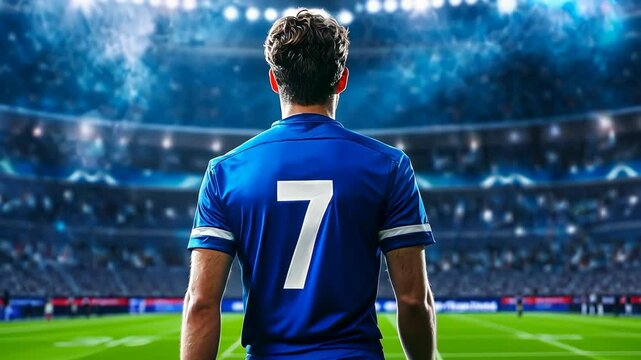 A soccer player wearing a blue jersey with the number 7 stands on a field. Concept of excitement and anticipation, as the player is ready to take on the challenge of the game - Powered by Adobe
