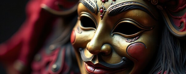 Intricate hand-carved theatrical mask Close-up detail , shadow, sculpture, play