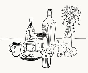 food and dishes on table in hand drawn style in vector. Element for design advertisement mail posts poster print postcard banner menu decor backgrounds