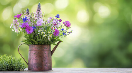 beautiful arrangement of wildflowers in vintage watering can, set against soft green background, evokes sense of tranquility and nature charm