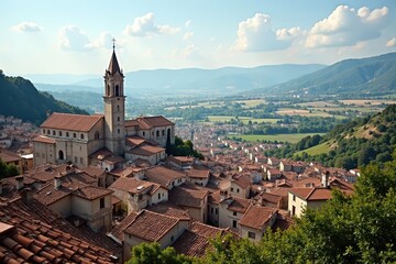 Obraz premium Rolling hills embrace terracotta rooftops, ancient churches prominent , ancient, buildings