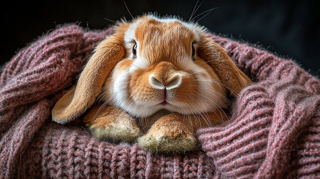 Cute brown lop-eared rabbit snuggled in a pink knitted sweater.
