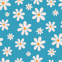 Daisy and chamomile blossoms, petals, endless repeatable design, nature texture for textile, fabric, wrapping. Flat vector illustration