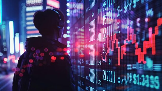 Person mit Kopfh&ouml;rern vor digitalen Daten