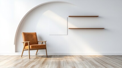 Fototapeta premium Modern armchair, shelves, sunlight, arched wall, interior design mockup