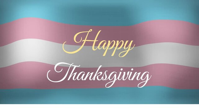 Animation of Transgender pride flag with Happy Thanksgiving text in elegant script