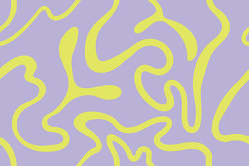 Groovy abstract hippie pattern. Minimalist nursery neon print of psychedelic green curvy shapes on lavender backdrop.