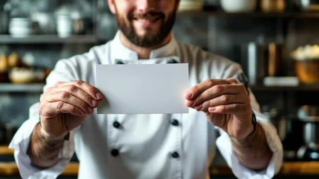 Chef presents culinary inspiration with a blank card at a modern kitchen setting