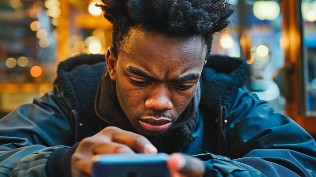 Junger Mann mit Smartphone vertieft in Technologie