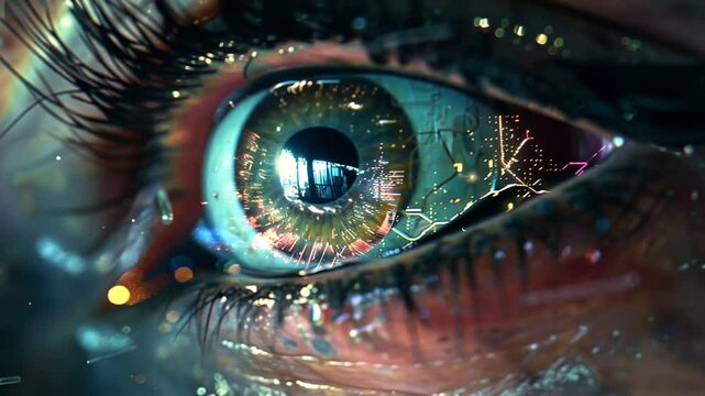 Nahaufnahme eines digitalen Auges mit Datenanalyse