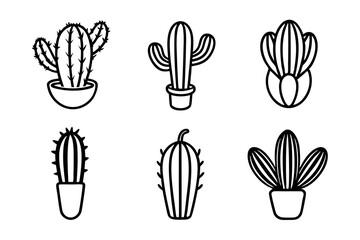cactus set line art silhouette vector illustration