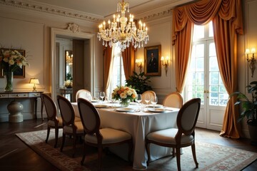 Elegant dining room, crystal chandeliers, fine china, food, white tablecloth, sophisticated