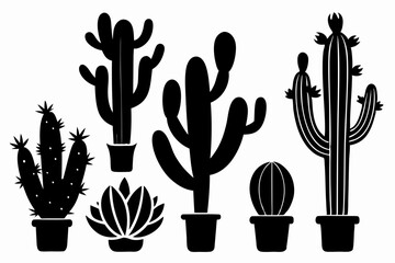 cactus set line art silhouette vector illustration