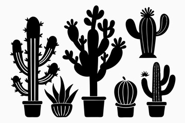 cactus set line art silhouette vector illustration