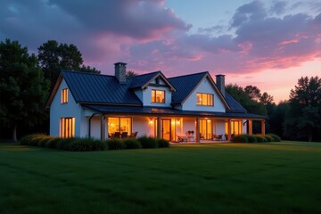 Illuminated modern farmhouse, vibrant green grass, twilight , picture, building, doors