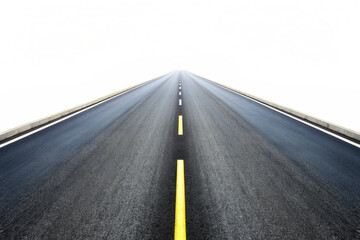 A long asphalt road stretching towards a horizon with a distorted background