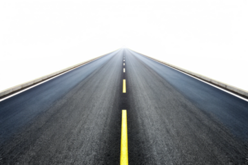 A long asphalt road stretching towards a horizon with a distorted background