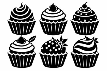 cupcake set line art silhouette vector illustration