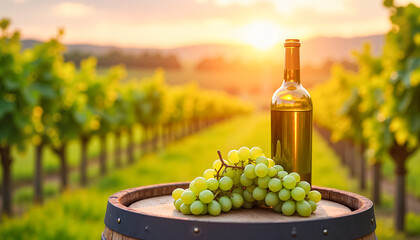 Obraz premium Close-up of a wine barrel with green grapes and a green wine bottle at sunset, set against a lush vineyard, symbolizing nature's bounty.
