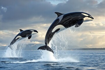 Obraz premium Orca Pair Leaps Gracefully Above Ocean Surface During Sunset With Dramatic Clouds in Background Generative AI