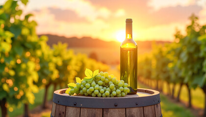 Fototapeta premium Wine barrel adorned with fresh green grapes and a bottle at sunset, showcasing the beauty of vineyard life and the harvest season.