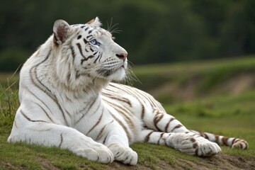 Majestic White Tiger With Striking Blue Eyes Resting Peacefully in a Lush Green Habitat During Daylight Hours Generative AI