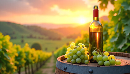 Fototapeta premium Wine barrel with green grapes and a bottle under a stunning sunset, showcasing serene rural beauty and the charm of nature.