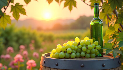 Hyperrealistic still life of a green wine bottle and fresh green grapes on a rustic barrel at sunset, evocative nature and culinary concept.