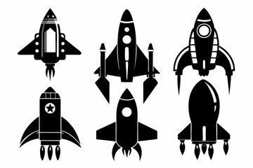 rocket space set line art silhouette vector illustration