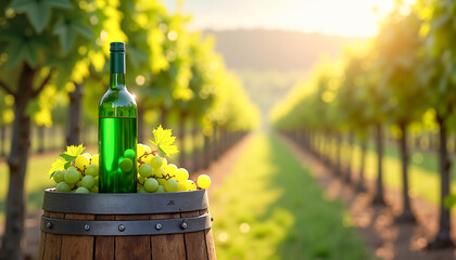 Fototapeta premium Close-up of a green wine bottle and fresh green grapes resting in a wooden barrel, surrounded by lush vineyard, capturing vibrant nature and indulgence.