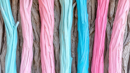 Colorful Candy Stick Background in Pastel Shades of Pink and Blue Against a Textured Tree Bark Surface for Creative Themes and Designs