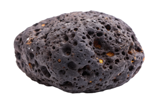 Closeup View of a Dark Gray Volcanic Rock with Numerous Pores and Small Yellow Inclusions