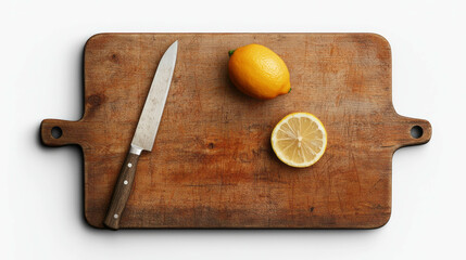 Rustic wooden cutting board with knife and lemon for kitchen and culinary design