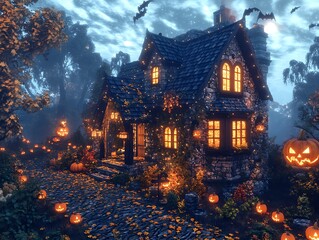 Naklejka premium Enchanting Halloween cottage at night.