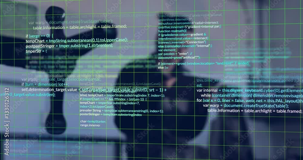 Poster using tablet with digital code and grid overlay in modern office animation
