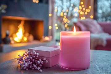 burning  pink candles in the cozy living room with fireplace. spa, relax at home, wellness. decoration home with candles. huggee style