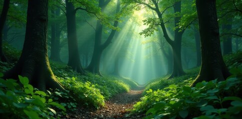 Intense green foliage in dimly lit, ancient woods, scenic, vibrant, background