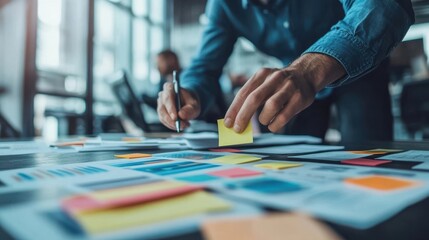 Fototapeta premium Office worker organizing sticky notes on a desk for planning and business organization.