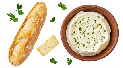Gourmet boursin cheese with fresh baguette and herb garnish for culinary enthusiasts