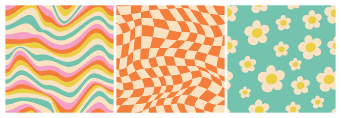 70 Daisy Flowers, Trippy Grid, Wavy Swirl Seamless Pattern Pack in Orange, Pink Colors.