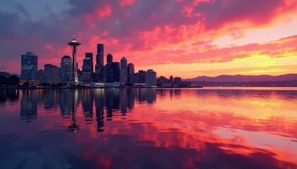 Obraz premium Seattle sunset skyline reflected in Puget Sound's calm waters , buildings, city