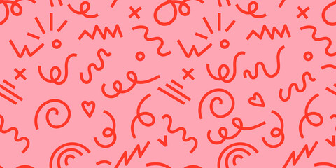 red line doodle seamless pattern. Simple childish scribble wallpaper print.