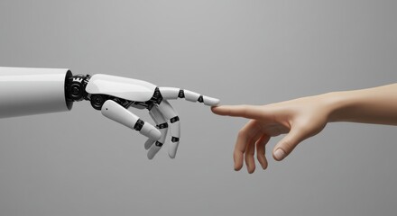 A white robotic hand with a sleek design, extending its finger to touch a human hand, which is also white and outstretched