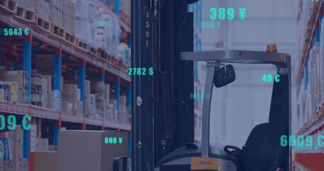 Forklift operating in warehouse with currency symbols and numbers overlay animation - Powered by Adobe