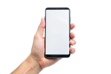 A hand holding a smartphone with a blank white screen on a black background